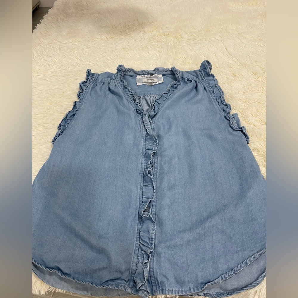 Cupio Light Blue Ruffle Denim Blouse